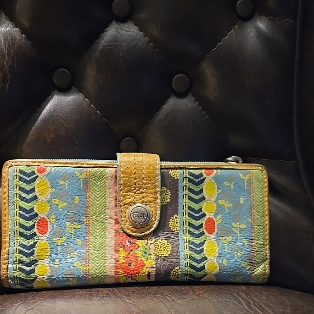 Fossil Multicolor Floral Wallet with Tan Strap